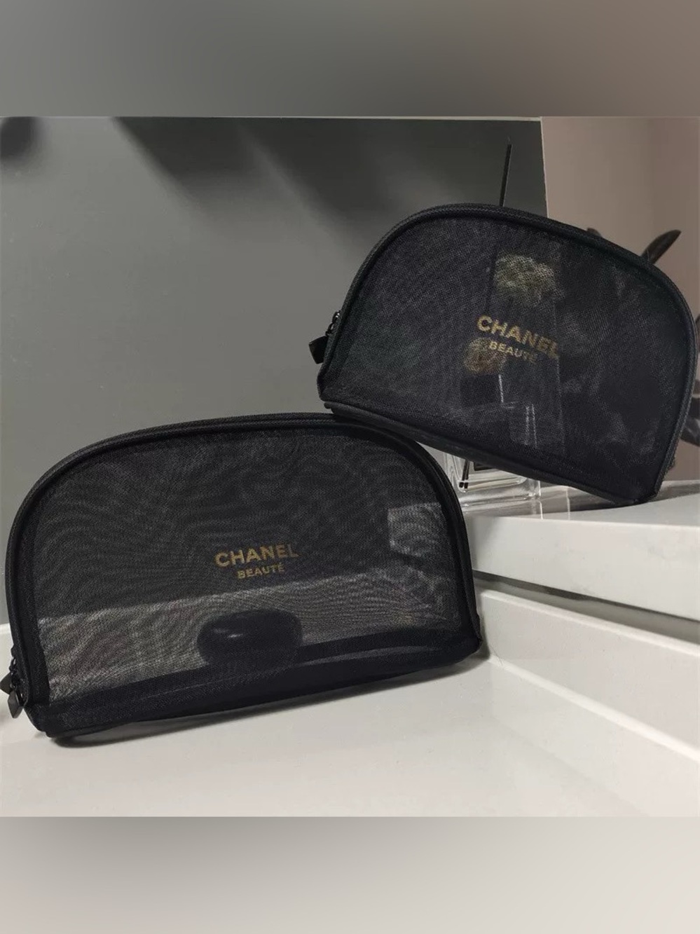 New! 2PC CHANEL Black Mesh Cosmetic bag set